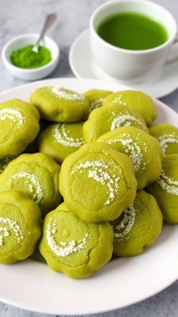 A plate of matcha green tea cookies with powdered sugar, alongside a cup of green tea.